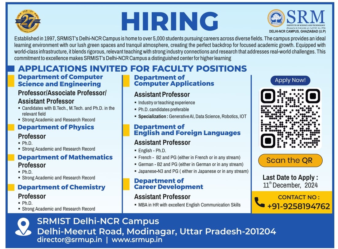 SRM Ghaziabad NCR Campus Faculty Recruitment 2024